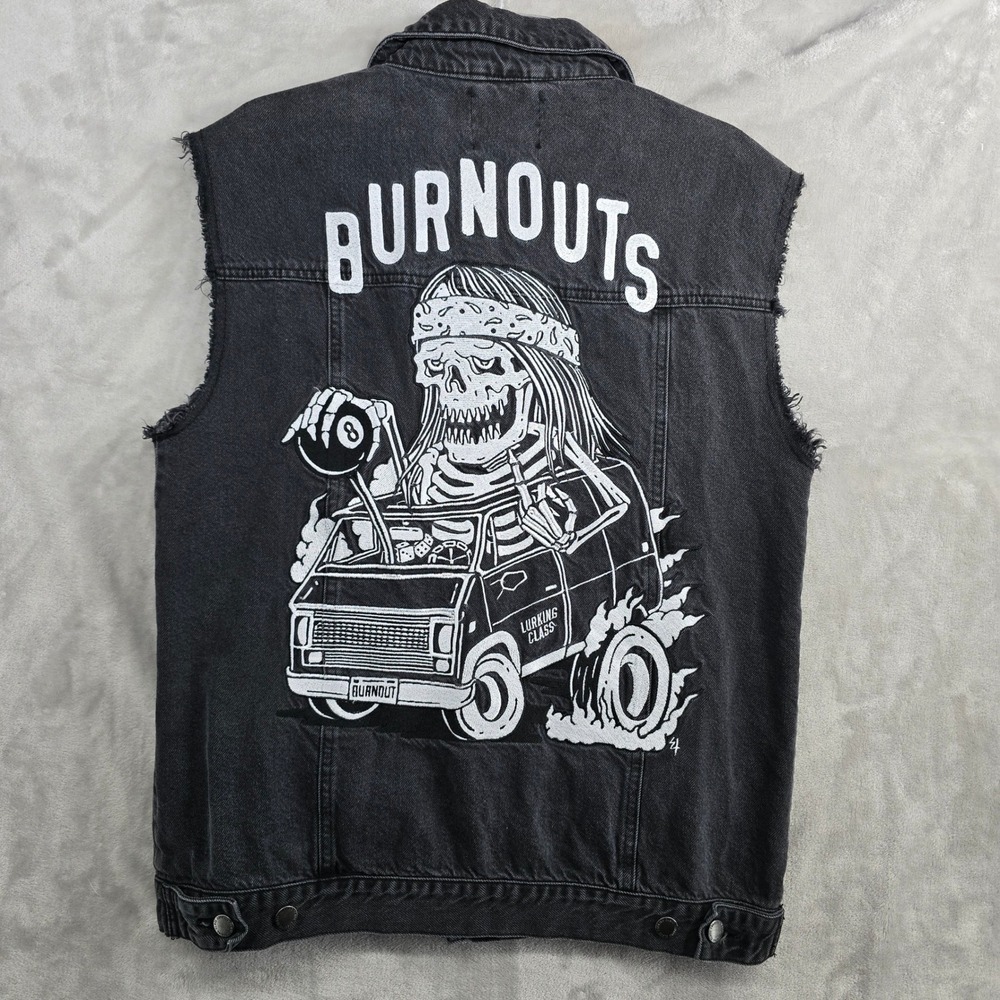 Lurking Class Mens Small Denim Vest Black Skull Van Burnouts Graphic Patches‎